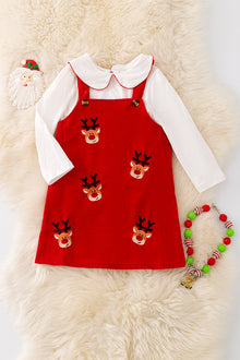  Red nose reindeer application corduroy dress with white long sleeve undershirt. OFG41850 JEAN