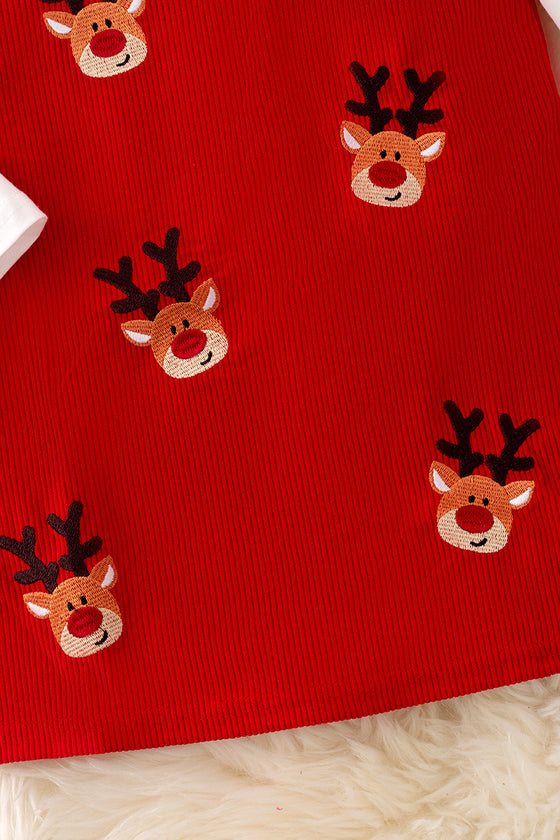 Red nose reindeer application corduroy dress with white long sleeve undershirt. OFG41850 JEAN