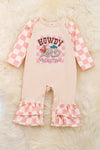 Howdy Valentine" Checker printed baby romper w/ ruffle hem. RPG05203003 WENDY