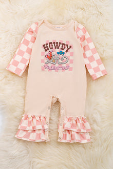  Howdy Valentine" Checker printed baby romper w/ ruffle hem. RPG05203003 WENDY