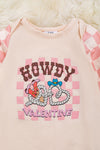 Howdy Valentine" Checker printed baby romper w/ ruffle hem. RPG05203003 WENDY