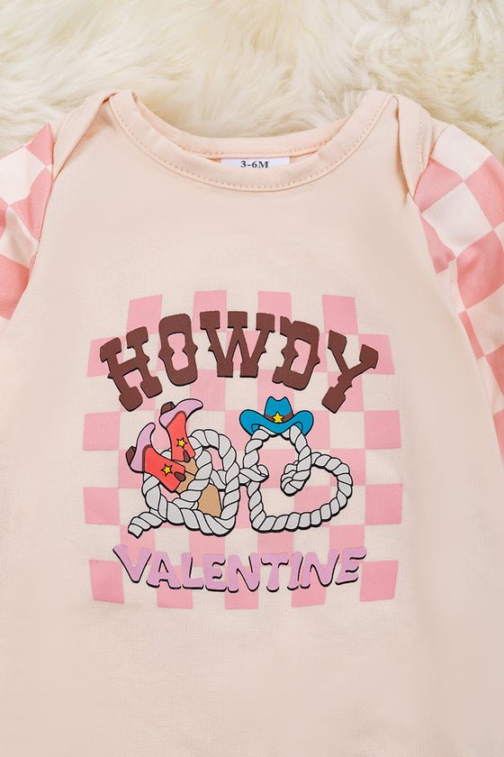 Howdy Valentine" Checker printed baby romper w/ ruffle hem. RPG05203003 WENDY