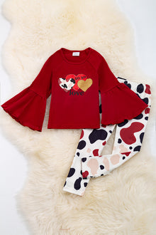  XO XO XO Love" Burgundy bell sleeve tunic & cow spotted leggings. OFG05203008 AMY