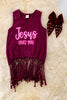 Jesus Loves You" washed maroon tank top w/fringe. TPG40426 AMY