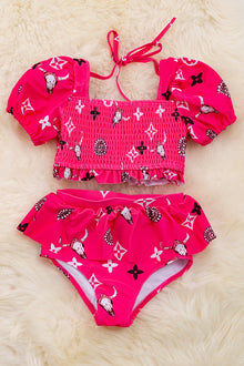  Smocked swim set with Western bull skull & star print & fold over bottoms. SWG25144001 Jenn