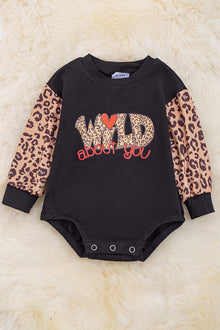  Wild about you" Black cotton made baby onesie w/ leopard sleeves. RPG05154012 NAYDINE