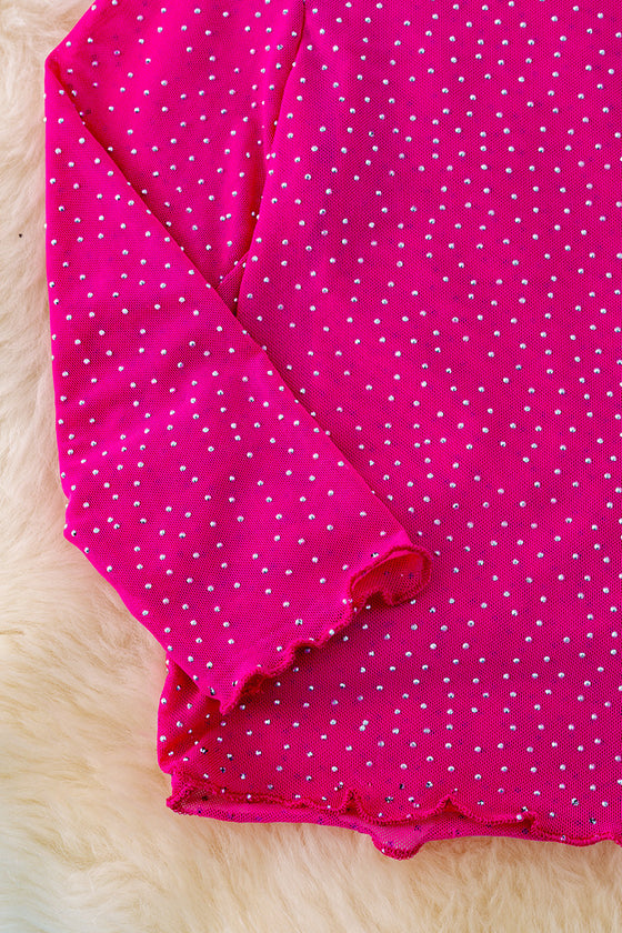 Hot pink long sleeve mesh top with rhinestones. TPG40352 JEAN