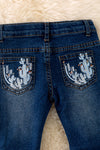 PNG50009 SOL: Dark blue washed bootcut denim pants with embroidered pocket.