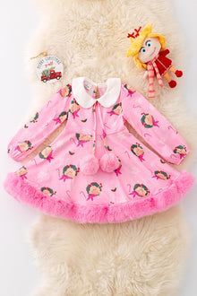  DRG43386 SOL: C*ndy Lou pom pom dress with faux fur trim.