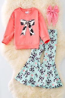  OFG41421 SOL: Cow Coquette printed bow with bell bottoms.