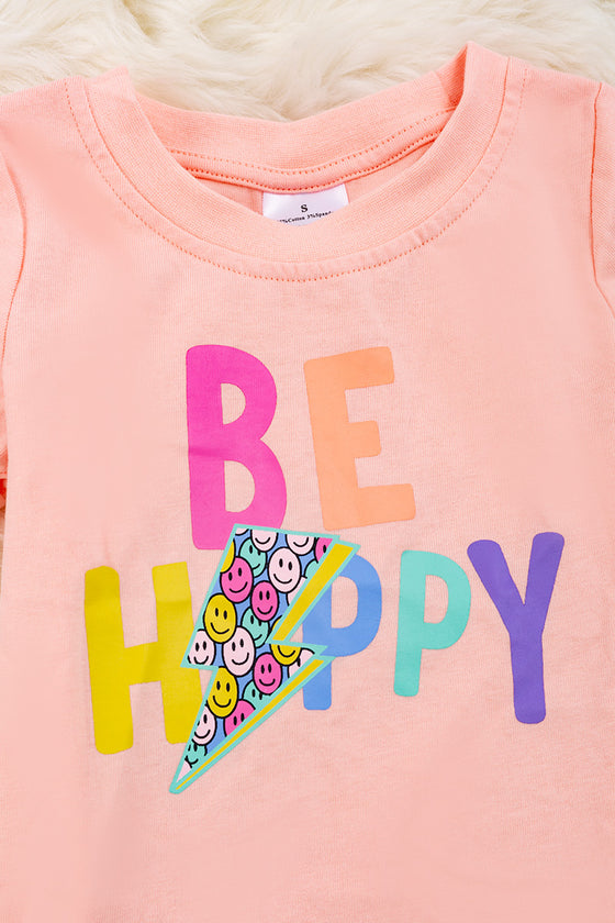 Be happy" Peach tee shirt with folded sleeves. TPG25154005 AMY