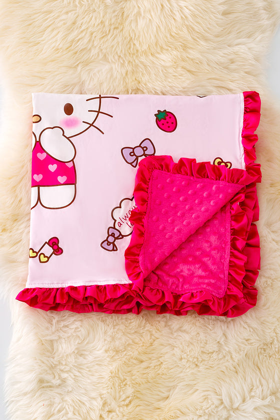 B-2 35 X 35 Kitty printed baby blanket w/ruffle trim.