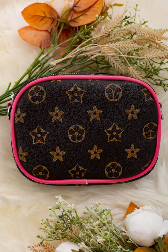 Chocolate brown star printed mini crossbody purse. BBG40013 M