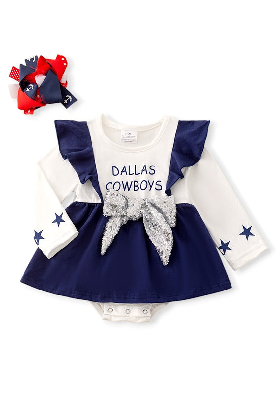 D-Cowboys printed onesie w/ sequins bow. RPG41378 NAY