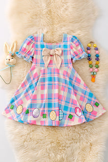  Pink & blue plaid flare dress with big front bow. DRG43485 NAY