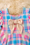 Pink & blue plaid flare dress with big front bow. DRG43485 NAY