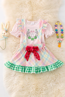  Easter bunny bubble sleeve shirt & plaid suspender skirt. OFG42853 SOL