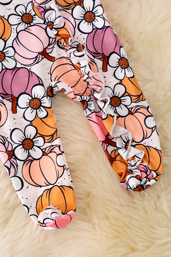 RPG40560 LOI: Floral-Pumpkin printed baby onesie w/footie.