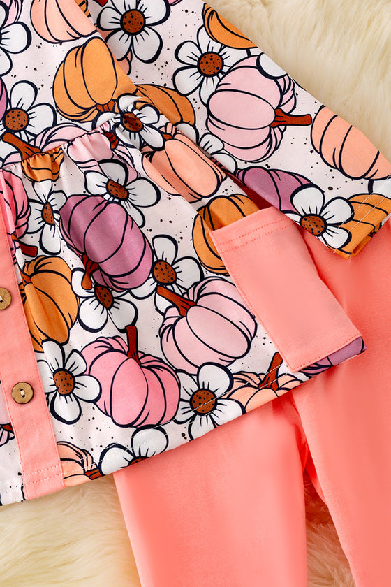 OFG41510 WEN: Floral-pumpkin multi printed tunic & pink leggings.