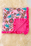 BKG40069: Character printed baby blanket w/fuchsia ruffle trim.