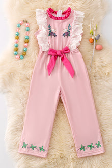  Pink Easter Bunny jumpsuit with embroidered sleeve. PNG40714 AMY