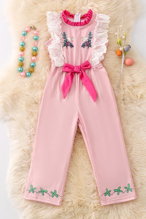 Pink Easter Bunny jumpsuit with embroidered sleeve. PNG40714 AMY