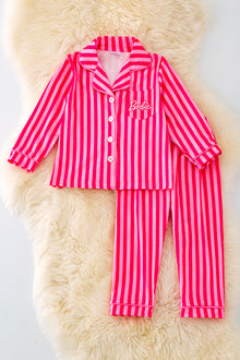  PJG40101 WEN: Fuchsia stripe and white character printed pajama set.