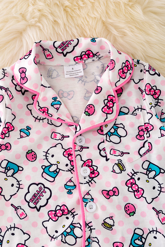 PJG40098 LOI: Kitty printed & polka dot pajamas set.