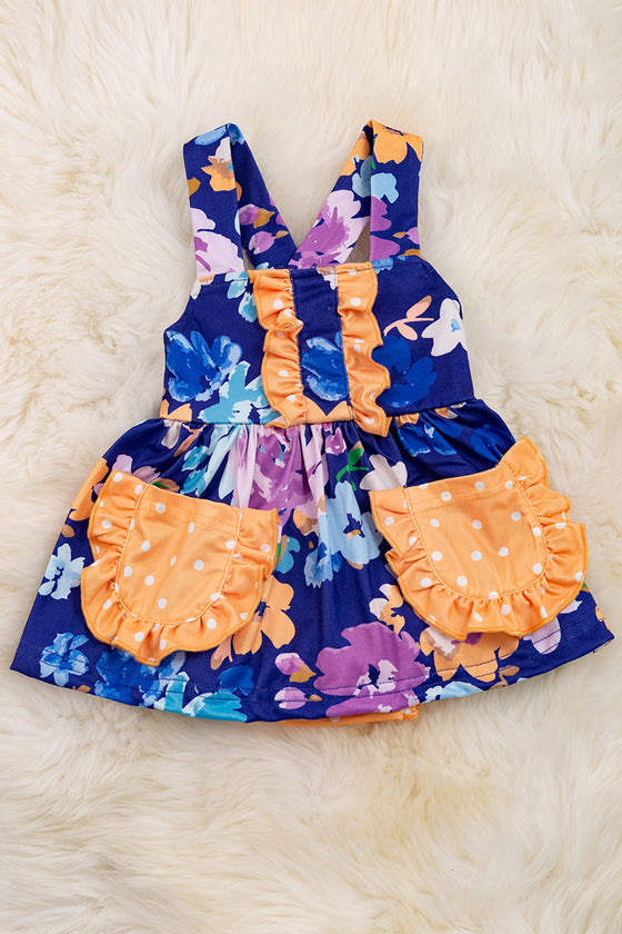 Royal blue floral printed baby onesie/dress with snaps. RPG25204008 LOI