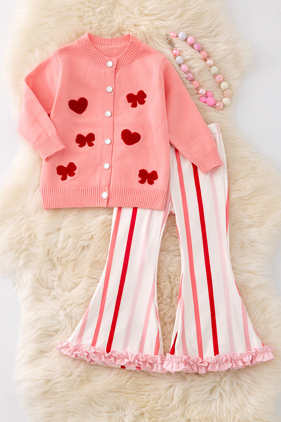 Coral knit cardigan with stripe pants. OFG50023 JEAN