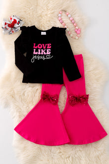  Love Like Jesus" Black long sleeve top & fuchsia bell bottoms. OFG50051 AMY