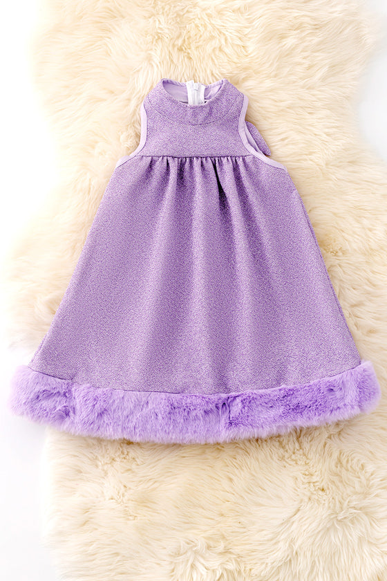 Lilac relax tunic dress with fur trim. DRG50109 SOL