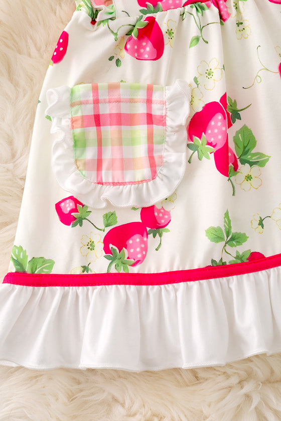 Strawberry printed dress with front pockets. DRG43761 NAY