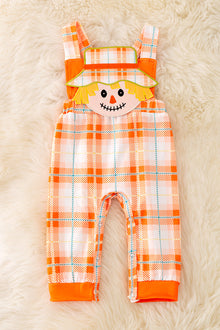  RPB40279 JEAN: Scarecrow applique boys plaid romper w/snaps.