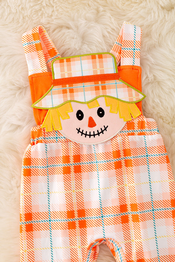 RPB40279 JEAN: Scarecrow applique boys plaid romper w/snaps.