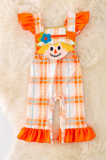  RPG40661 AMY: Scarecrow  applique baby romper w/snaps.