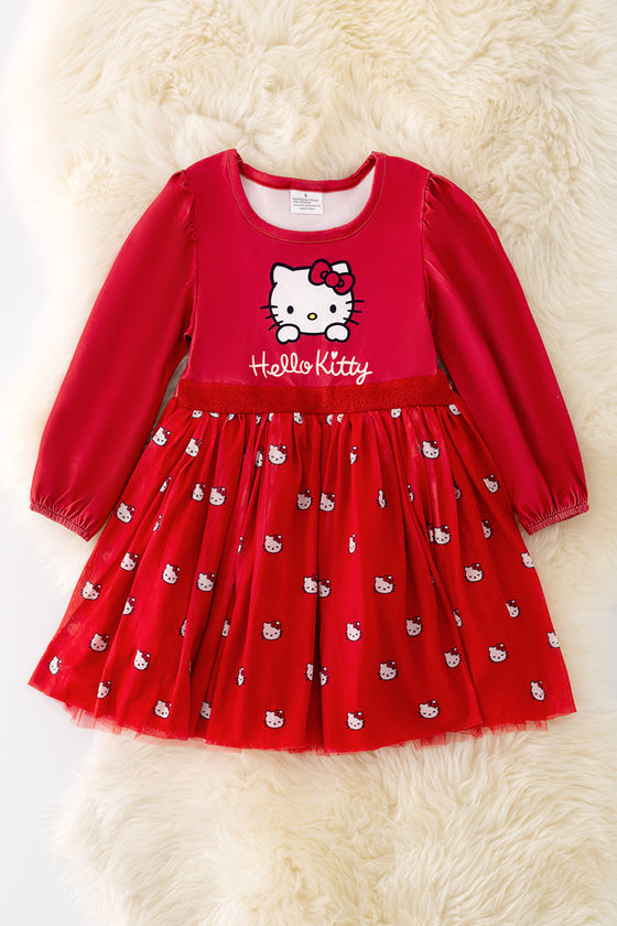 DRG41904 LOI: Red Kitty long sleeve printed dress.