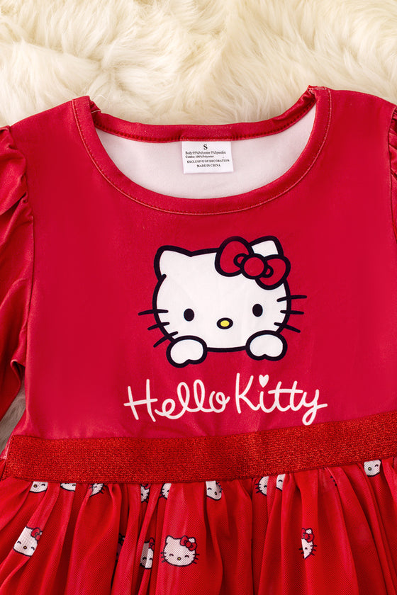 DRG41904 LOI: Red Kitty long sleeve printed dress.