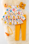 OFG42046 LOI: Pumpkin printed ruffle tunic & mustard leggings.