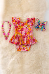 🎍Bamboo made fuchsia & red w/yellow tone floral twirl baby onesie. RPG50158