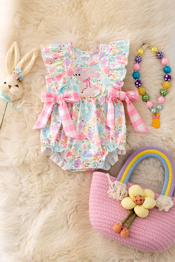 Colorful printed flowers & bunny applique romper. RPG50168 NAY