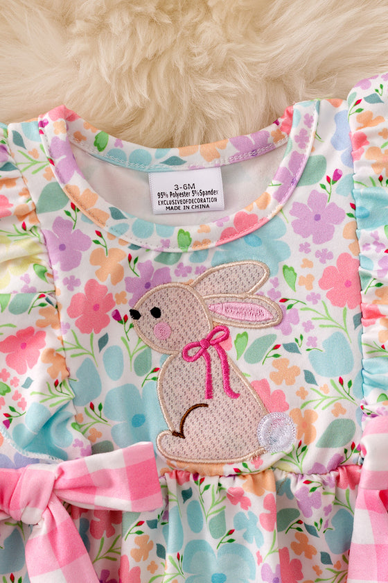 Colorful printed flowers & bunny applique romper. RPG50168 NAY