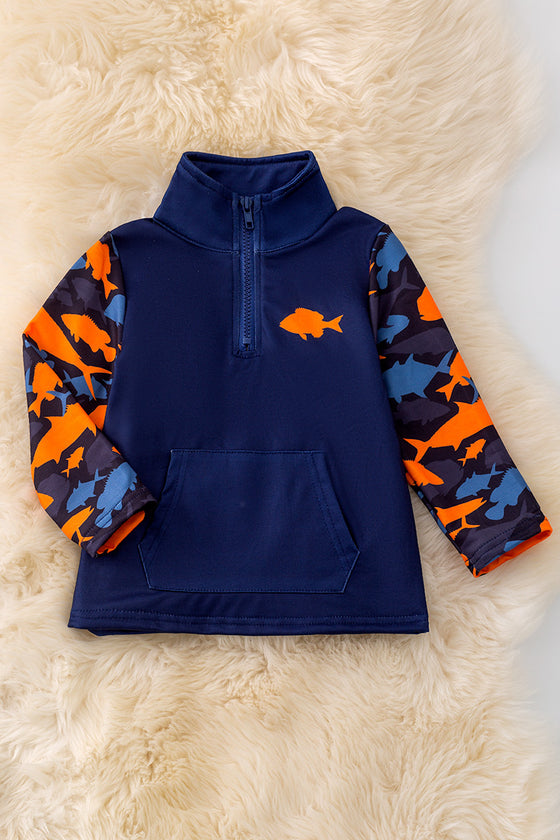 Navy Blue Fish printed sweatshirt. TPB40805 NAY