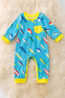  Turquoise fishing printed onesie with snaps. RPB40567 SOL