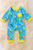 Turquoise fishing printed onesie with snaps. RPB40567 NAY