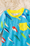 Turquoise fishing printed onesie with snaps. RPB40567 SOL