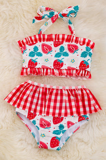  Strawberry printed swim set w/plaid ruffle.  SWG25134001 Wendy