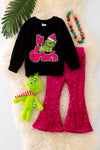 OFG41939 LOI: Black Christmas applique sweatshirt & hot pink sequins bottoms.