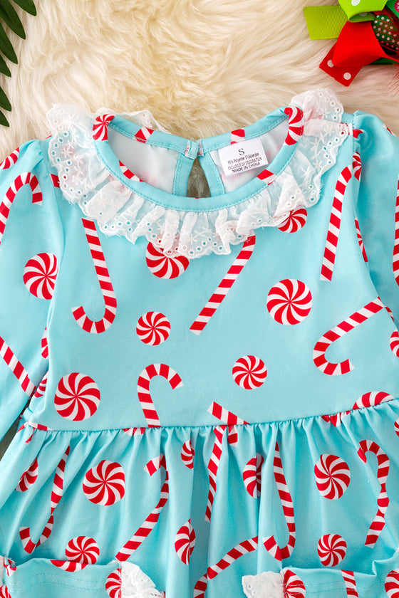 DRG42123 SOL: Candy cane aqua dress with embroidered pockets.🎄