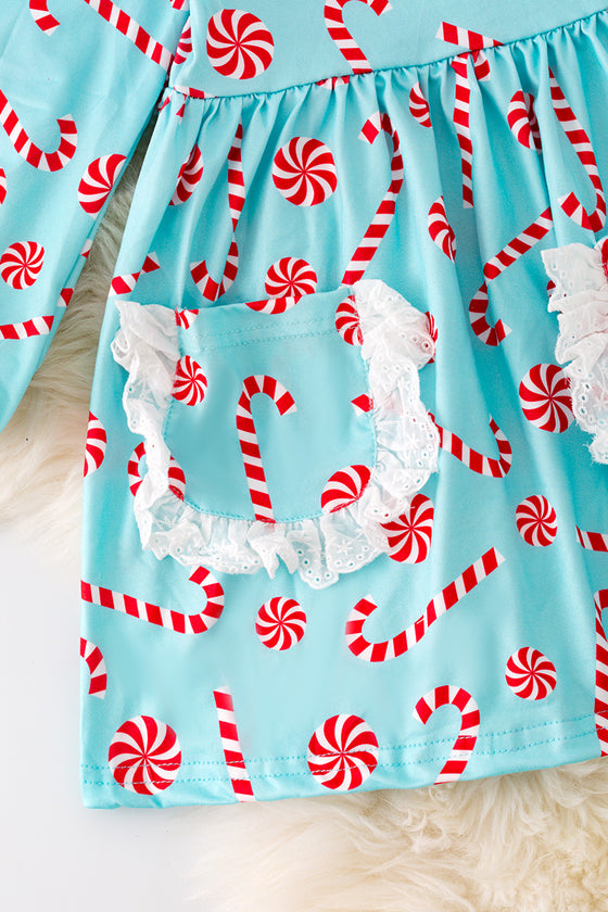 DRG42123 SOL: Candy cane aqua dress with embroidered pockets.🎄